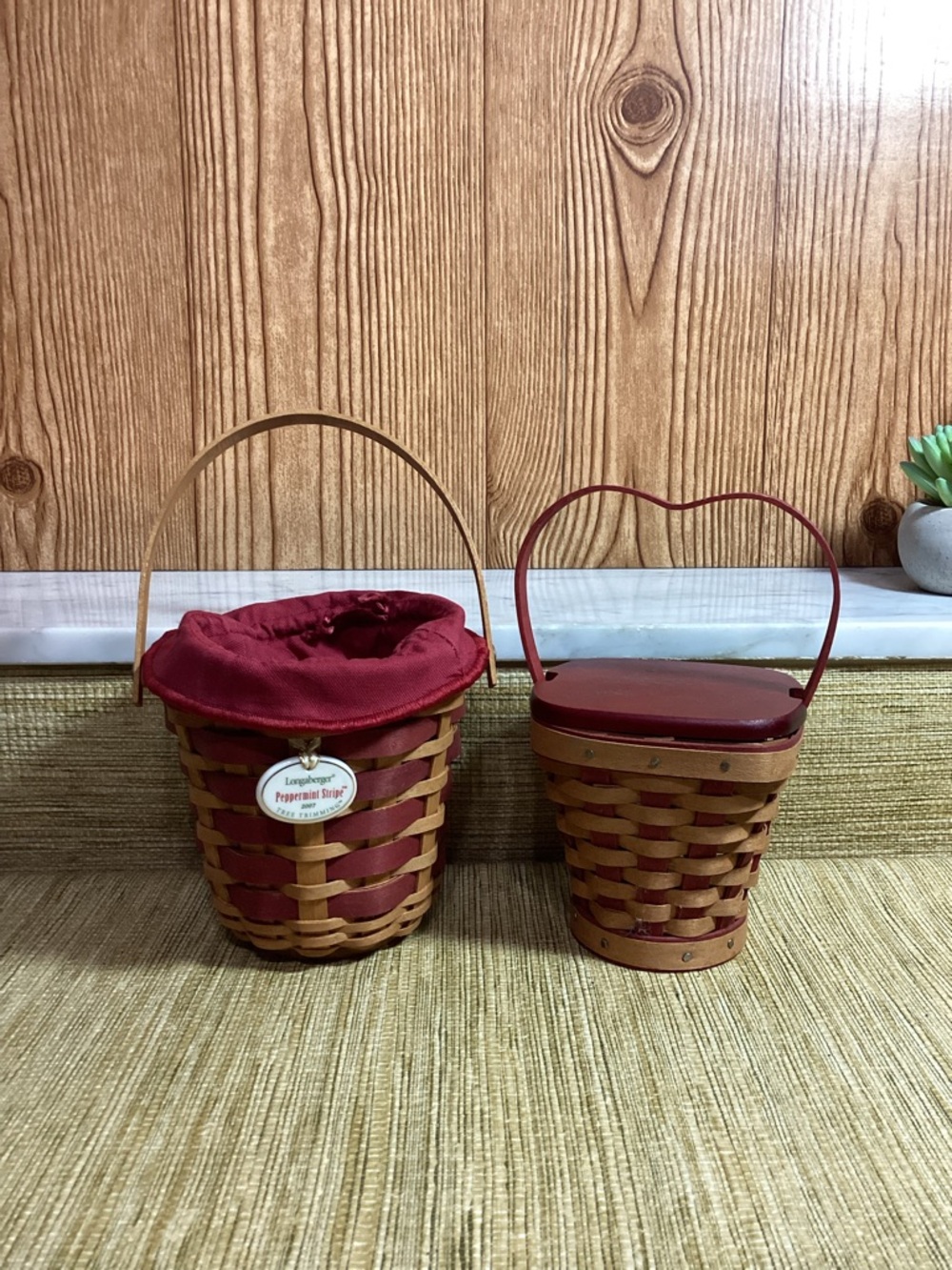 Vintage Longaberger Peppermint Stripe Valentines Basket Fabric ,Plastic Liner